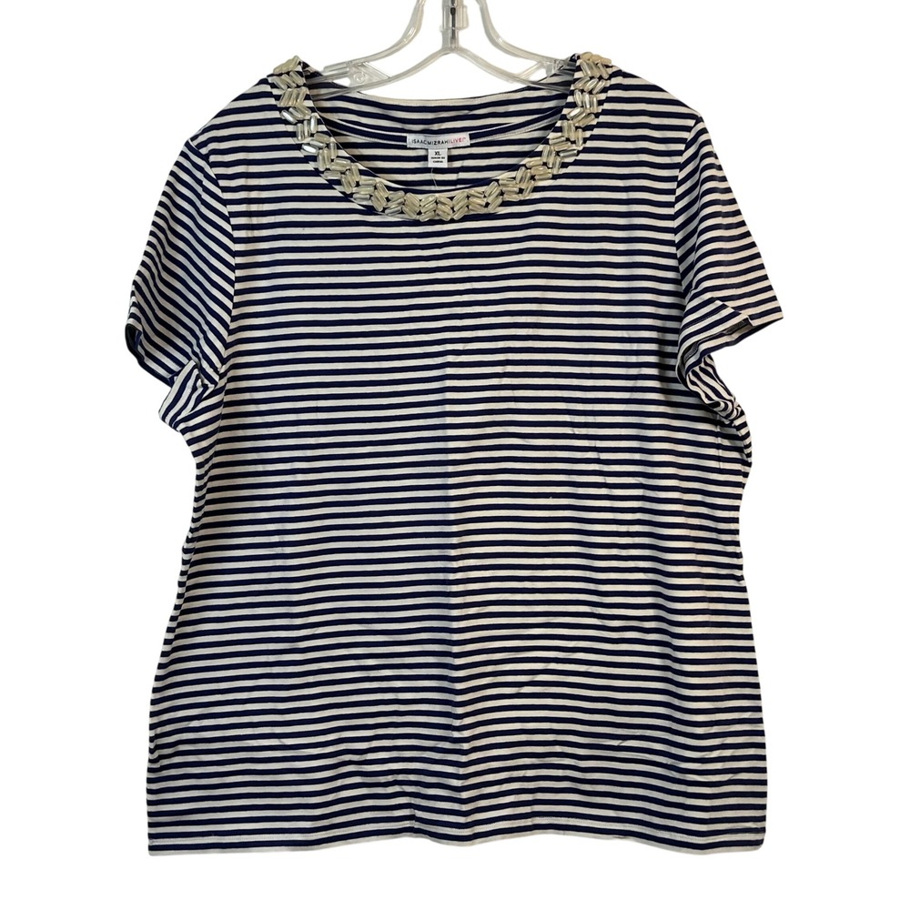 Isaac Mizrahi Live Navy White Striped Beaded Neckline Top XL Short Sleeve